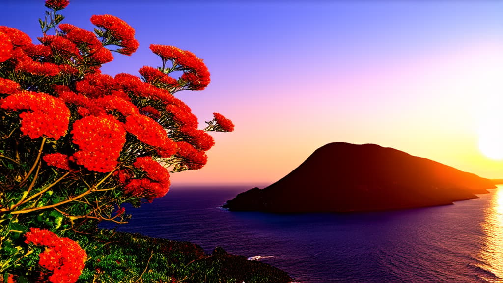  the sun is setting over the ocean on a cloudy day, a picture, red blooming flowers, hills and ocean, profile pic, stunning, shore, accurate image ar 16:9 {prompt}, maximum details