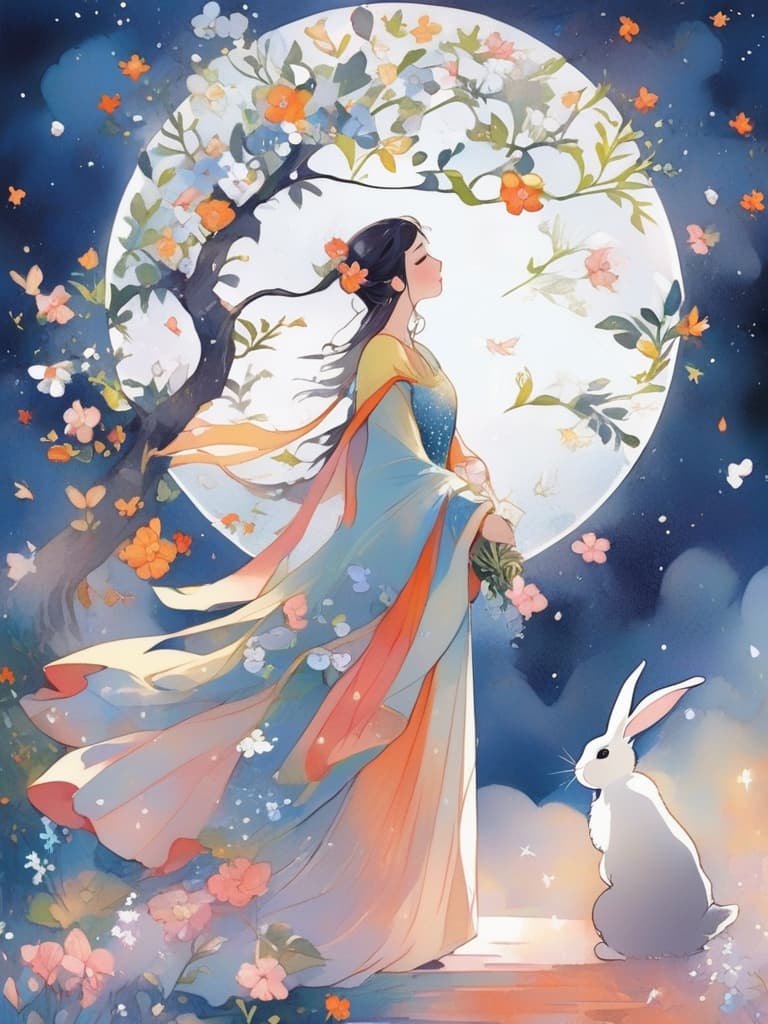  the image depicts a fairy like woman wearing a blue dress and holding a white bunny in her arms. she appears to be floating gracefully among the clouds in a nighttime setting. there are multiple flowers scattered throughout the image, adding to the peaceful atmosphere. the woman and the bunny are the main focus of the scene, creating a sense of harmony and enchantment.