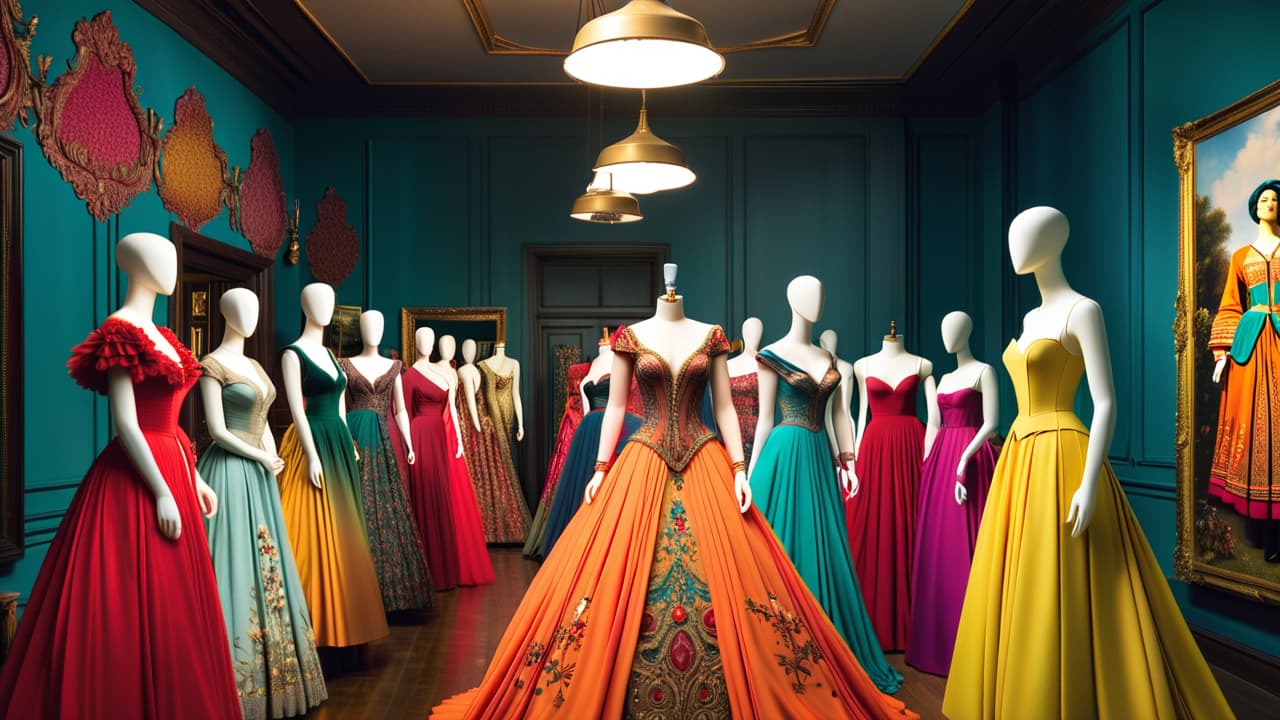  a vibrant studio filled with colorful fabrics, intricate costumes, and sewing tools. an experienced designer measures fabric, sketches designs, surrounded by mannequins dressed in elaborate costumes, reflecting creativity and craftsmanship in a bustling environment. hyperrealistic, full body, detailed clothing, highly detailed, cinematic lighting, stunningly beautiful, intricate, sharp focus, f/1. 8, 85mm, (centered image composition), (professionally color graded), ((bright soft diffused light)), volumetric fog, trending on instagram, trending on tumblr, HDR 4K, 8K