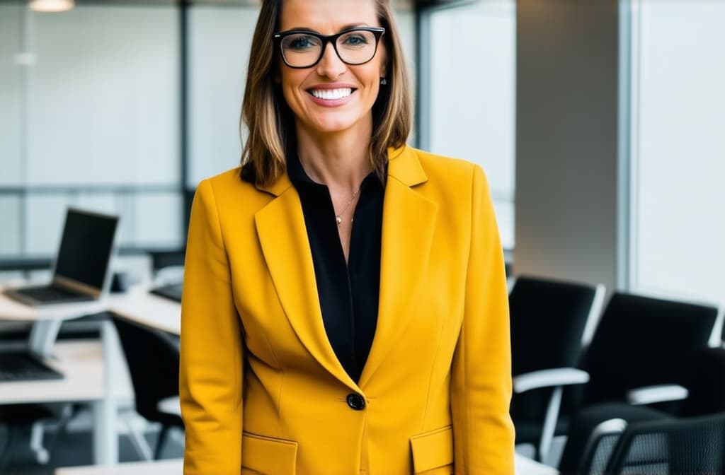  professional detailed photography, portrait of smiling businesswoman in mustard jacket and black glasses standing in open plan office. happy female professional executive manager, financial banking or marketing data. ar 3:2, (muted colors, dim colors, soothing tones), (vsco:0.3)