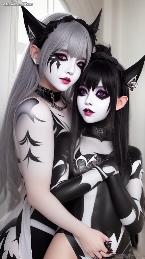  White bat pattern body paint in every corner of the body, Black body paint all over the body, Grey face paint on the face, Two dark elf sisters, full body image 女性