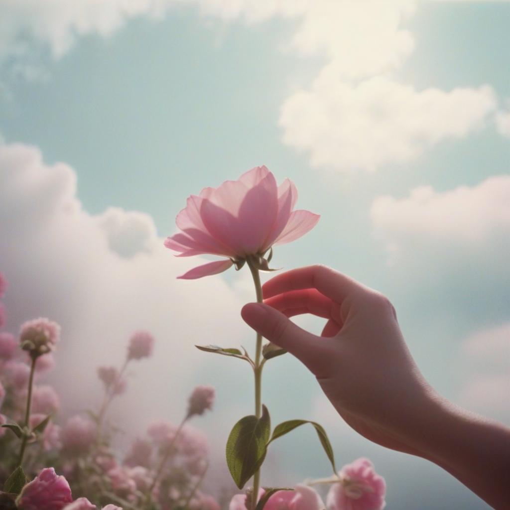  analog film photo the girl’s hand touches a pink flower, pink and white shades, light fog, clouds in the background, a room in pastel shades. . faded film, desaturated, 35mm photo, grainy, vignette, vintage, kodachrome, lomography, stained, highly detailed, found footage