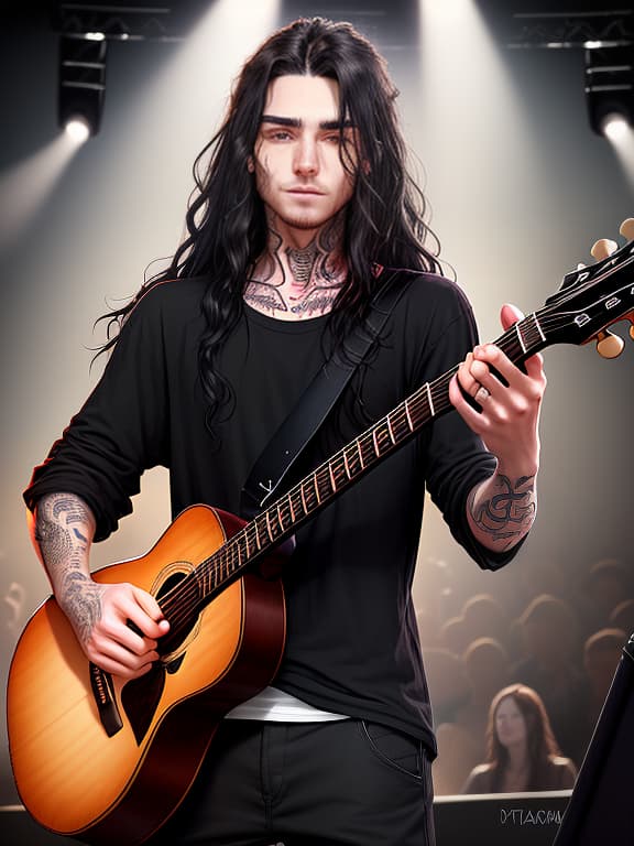  young man, long wavy black hair, lots of freckles, lots of tattoos, stubble on chin, wears black baggy shirt, sleeves rolled up, plays guitar, concert background