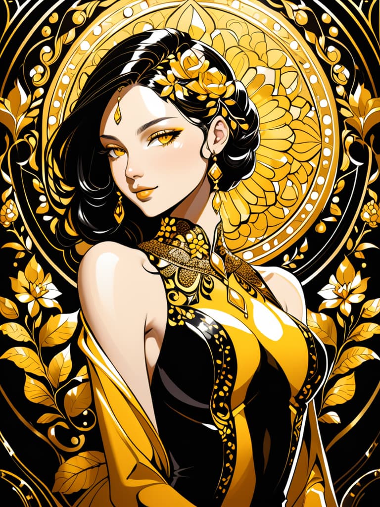  Golden yellow and sleek black color palette, captivating and inviting expression, exuding elegance and charm, magnetic beauty, intricate details, high contrast, luxurious feel, digital art, female, glossy finish, striking composition, dynamic lighting to enhance features.