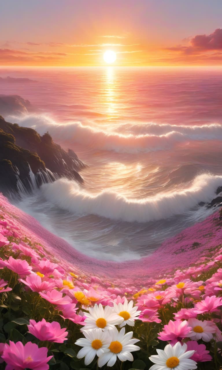  concept art color pink, white, black, gold the sun is huge, the sunset, the sea of flowers, a very large sun with rays . digital artwork, illustrative, painterly, matte painting, highly detailed, perfect hands