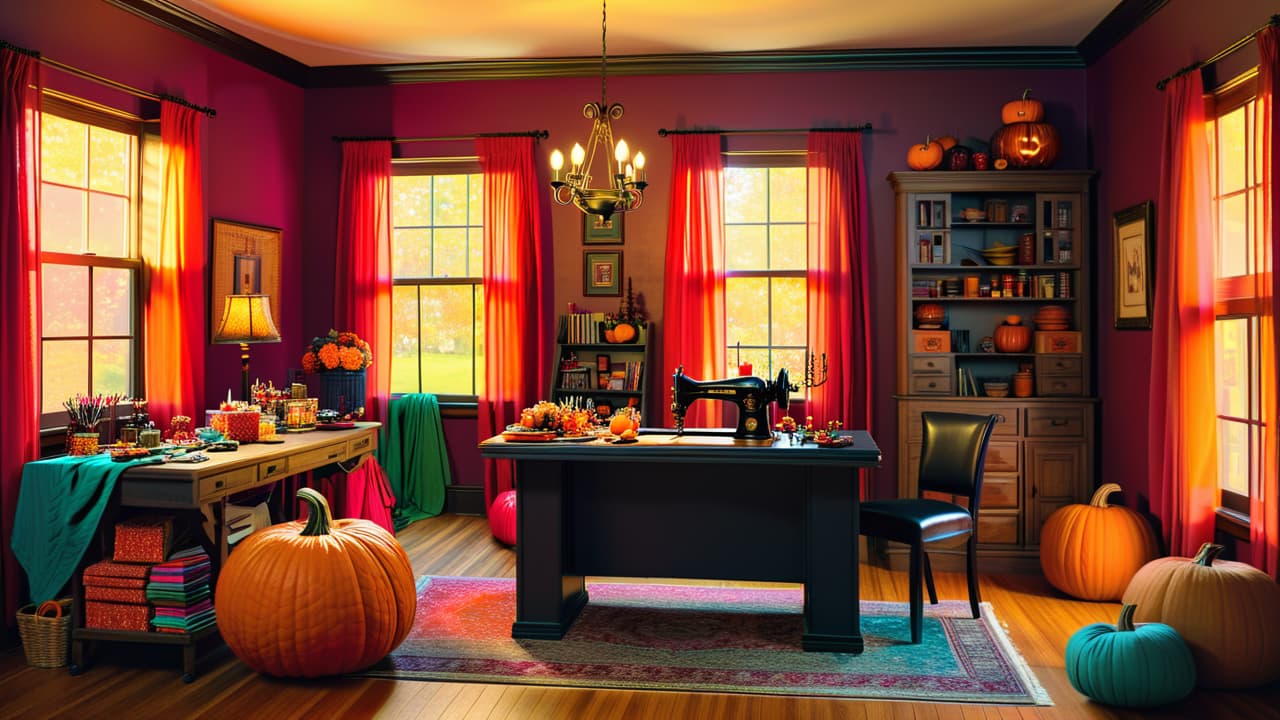  a vibrant scene showcasing a cluttered crafting table with colorful fabrics, scissors, and sewing supplies. half finished costumes hang nearby, while a glowing pumpkin and spooky decorations add a festive halloween ambiance. hyperrealistic, full body, detailed clothing, highly detailed, cinematic lighting, stunningly beautiful, intricate, sharp focus, f/1. 8, 85mm, (centered image composition), (professionally color graded), ((bright soft diffused light)), volumetric fog, trending on instagram, trending on tumblr, HDR 4K, 8K