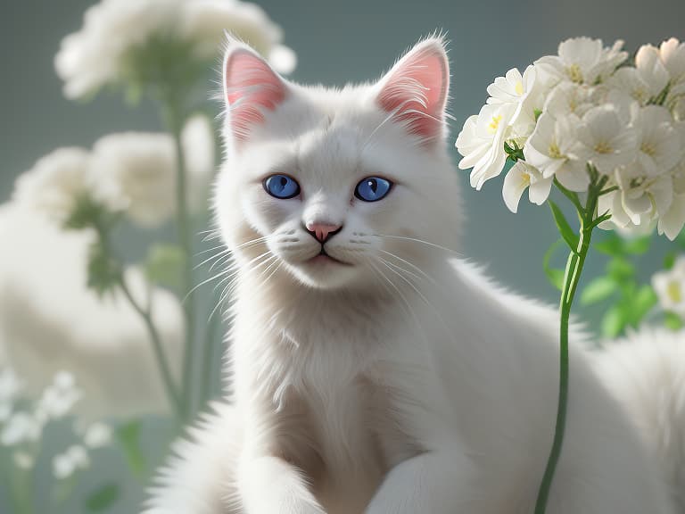  beautiful furry white cat smiles and holds flowers in his paws, shot 35 mm, realism, octane render, 8k, trending on artstation, 35 mm camera, unreal engine, hyper detailed, photo realistic maximum detail, volumetric light, realistic matte painting, hyper photorealistic, trending on artstation, ultra detailed, realistic