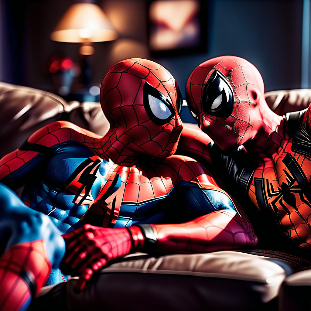  cinematic photo naked 2 guys spider man and deadpool of marvel lie together and cuddle on the couch watching the movie . 35mm photograph, film, bokeh, professional, 4k, highly detailed