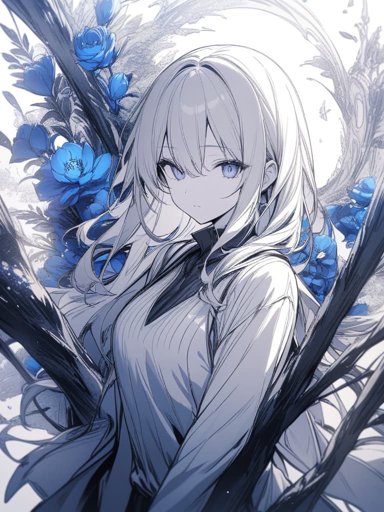  monochrome, girl, cool, cool, blue flower in the middle, masterpiece, best quality,8k,ultra detailed,high resolution,an extremely delicate and beautiful,hyper detail