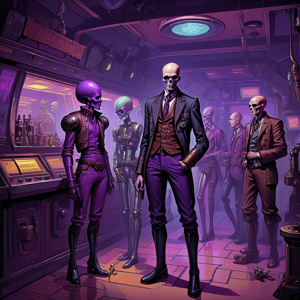  retro game art a group of smugglers, a small man, 40 year, ben needle, small, candy, bald, black. young , 20 year, medium sized s, graceful thin waist, long slender legs, purple hair, droid black skull, mutant minotaur. full length image, steampunk, dieselpunk, paropunk, stand in a retro futuristic tavern. . 16 bit, vint colors, pixelated, nostalgic, charming, fun