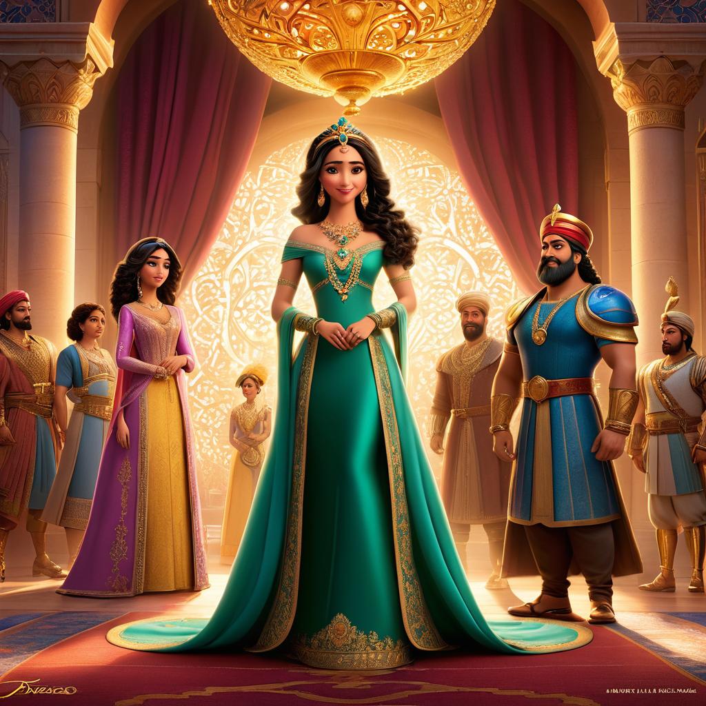  in 3d animated movie style. disney pixar style. ilrate laila, a old exuding courage, wisdom, compion, and determination, in regal persian attire embellished with golden patterns and jewels, accompanied by king cyrus (45, wise and protective) and soraya (30, enigmatic advisor). they are gathered in a royal court setting, reflecting laila's blossoming confidence and leadership, amidst a backdrop symbolizing prosperity and her path to queenship. in pixar 3d animated style with intricate detailing, prioritize bright, soft lights to create a welcoming ambiance, enhancing the opulence and royalty through rich colors. opt for a slight low angle shot to highlight laila's leadership aura, supported by king cyrus and soraya, empha