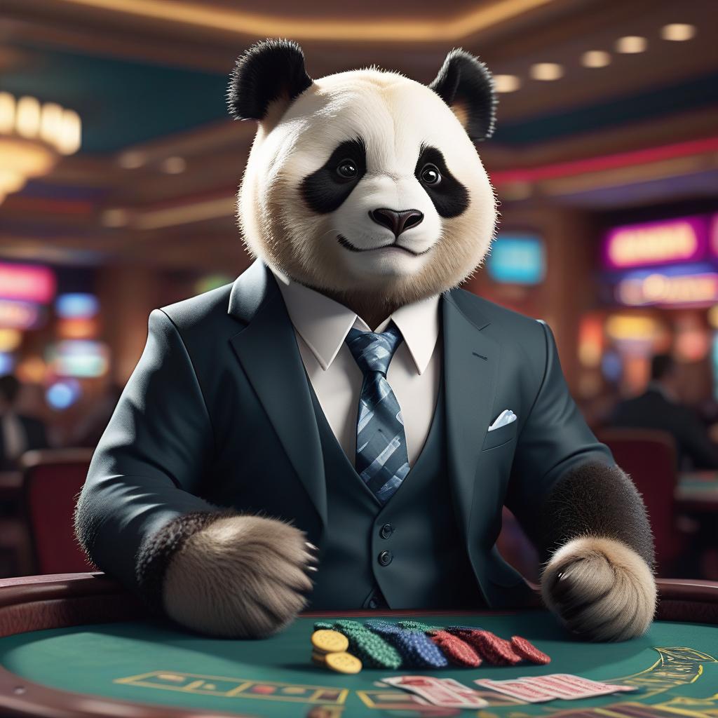  breathtaking a panda in a suit with unbuttoned top buttons and an untied tie, sits in a casino at a table. . award winning, professional, highly detailed