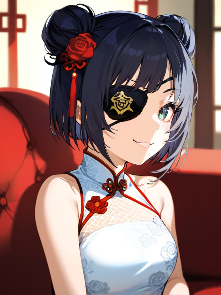  ultra detailed:1.2,masterpiece:1.2,best quality,masterpiece,bestquality,hdr:1.1,8k:1.1,very cute girl:1.3,(black hair,bob cut,double bun,double bun:1.4),((white china dress,japonica pattern:1.5)),((eyepatch rose shaped:1.6))(seductive smile,grin:1.1),(sitting couch:1.3)((cross legs:1.3)),(head rest:1.3),(holding open handfan:1.2)(upper body,face focus:1.4)