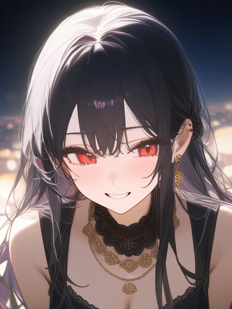  long hair, black hair, hair tips are pink, red eyes, hanging eyes, bangs lengths, smiles, adults, adult faces, piercings, necklaces, black lace clothes, thin makeup, night view, crying smile, hair is light pink and black, masterpiece, best quality,8k,ultra detailed,high resolution,an extremely delicate and beautiful,hyper detail