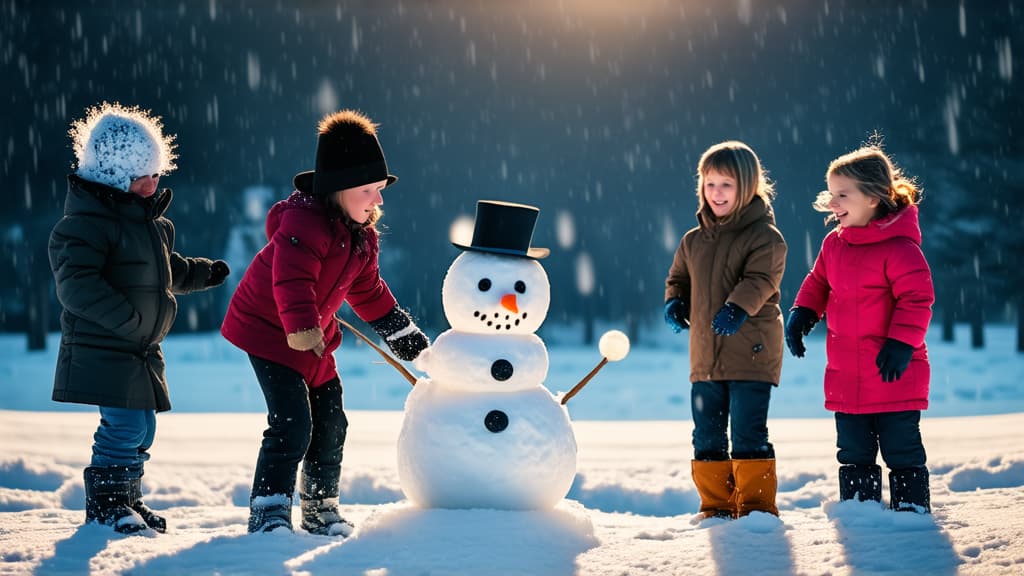  cinematic film style, group of children:age six, playing snowballs and collecting snowman standing in snow, sunset light, snowman with carrot nose. snow falling in background ar 16:9, shallow depth of field, vignette, maximum details, high budget hollywood movie, bokeh, cinemascope, moody, epic, gorgeous, sun rays and shadows on furniture and surfaces, flattering light, raw photo, photography, photorealistic, 8k resolution, f1.4, sharpened focus, sharp focus