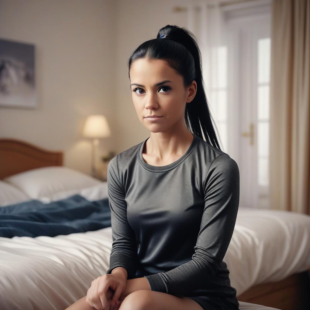  cinematic photo woman age 35 black hair pony tail near age 13, sits , bedroom, , ,full body, view front, look camera . 35mm photograph, film, bokeh, professional, 4k, highly detailed