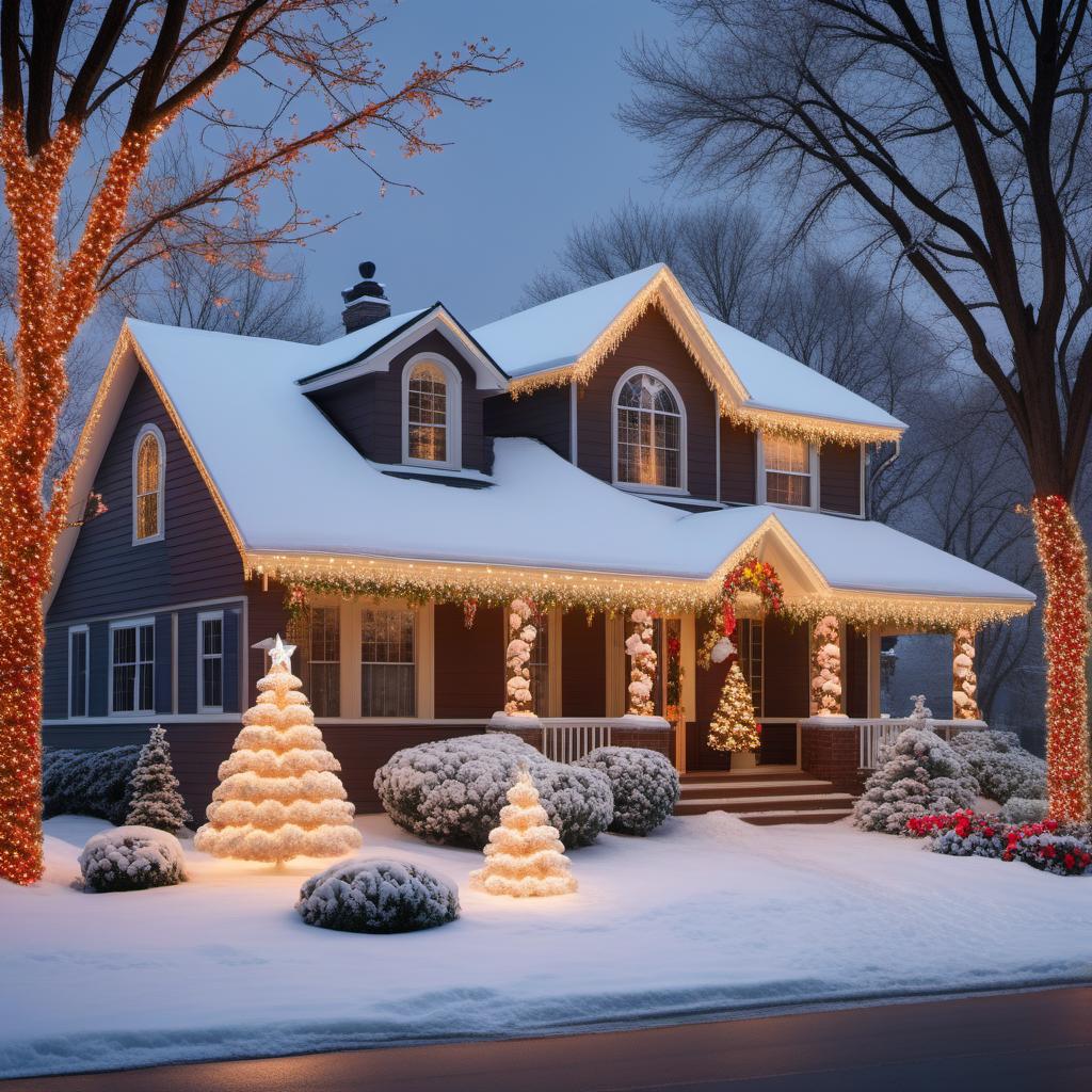  A festive holiday scene featuring a beautifully decorated house with an impressive display of lights. The house should be adorned with strings of colorful holiday lights, glowing reindeer, and a sparkling Christmas tree visible through the window. The setting should depict a cozy neighborhood at night with a welcoming, magical atmosphere. Text overlay: 'Light Up The Holidays with Professional Lighting Decoration Services' and include the hashtags #ChristmasLights, #HolidayDecoration, #ProfessionalService, #MarineCity, #SaintClair, #Marysville, #Algonac, #ClayTownship, #HolidaySeason, #FestiveLights. Include contact information: 'Call us at 734-531-9117' and 'Visit us at michiganrepairandmaintenance.com'. hyperrealistic, full body, detailed clothing, highly detailed, cinematic lighting, stunningly beautiful, intricate, sharp focus, f/1. 8, 85mm, (centered image composition), (professionally color graded), ((bright soft diffused light)), volumetric fog, trending on instagram, trending on tumblr, HDR 4K, 8K