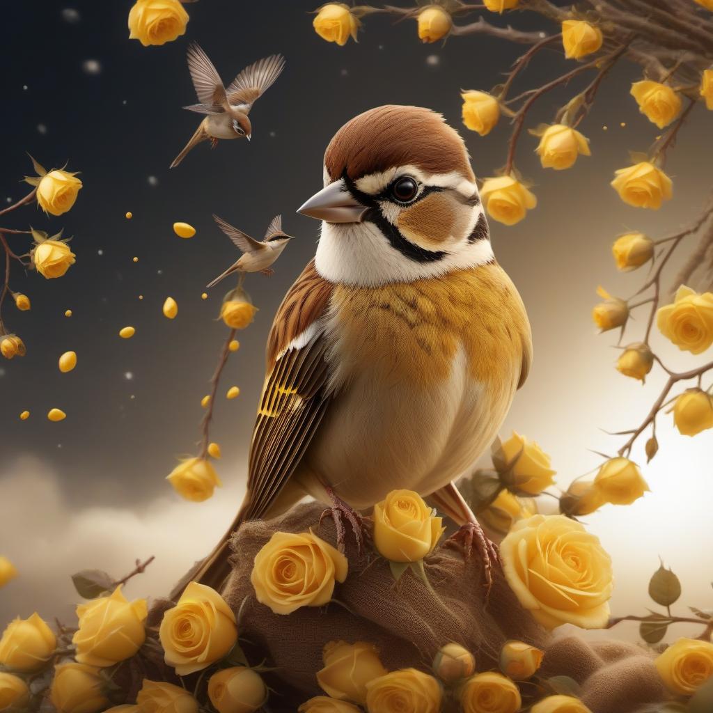  Wool-knitted sparrow, yellow roses, gold brocade background, realistic color photo hyperrealistic, full body, detailed clothing, highly detailed, cinematic lighting, stunningly beautiful, intricate, sharp focus, f/1. 8, 85mm, (centered image composition), (professionally color graded), ((bright soft diffused light)), volumetric fog, trending on instagram, trending on tumblr, HDR 4K, 8K