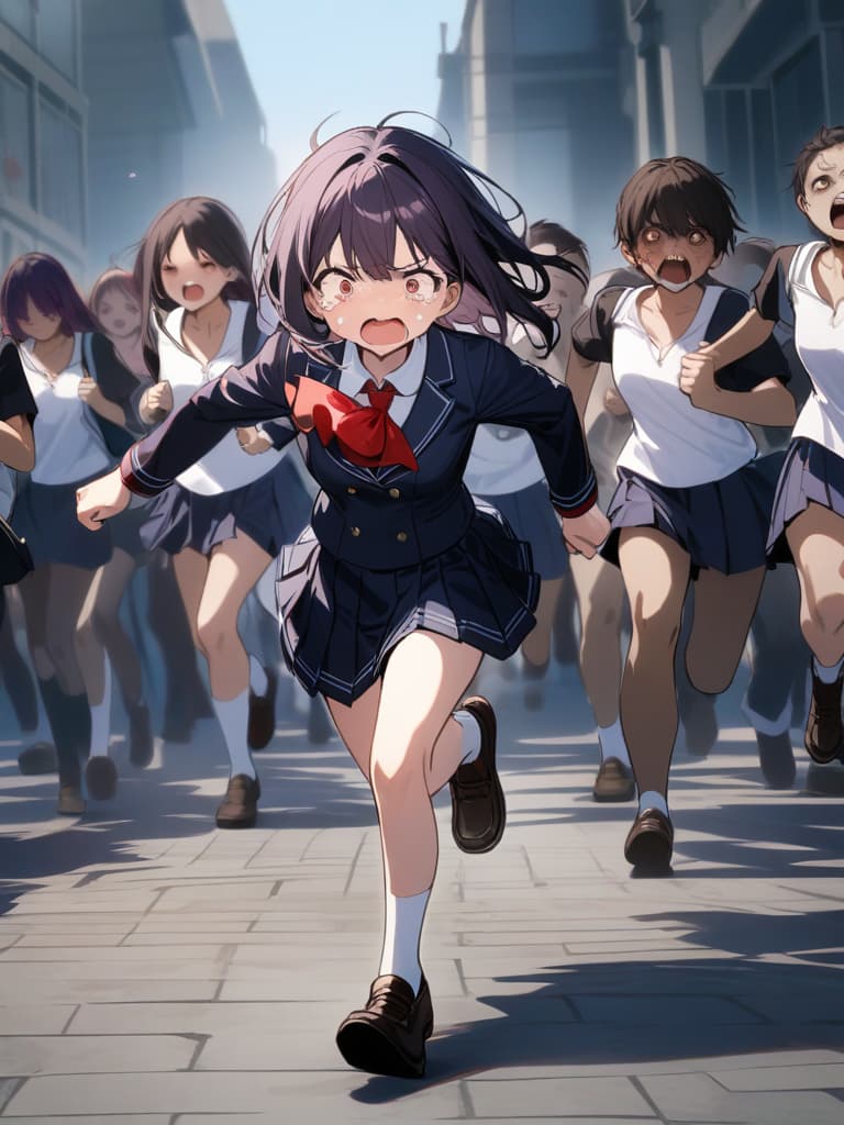  ultra detailed:1.2,masterpiece:1.2,best quality,masterpiece,bestquality,hdr:1.1,8k:1.1,very cute girl:1.3,(dark purple hair:1.3)(black school uniform,red ascot:1.4)((from front,full body:1.4))((running at school:1.6)),(scared,tears:1.3),(being chased by zombies:1.4)