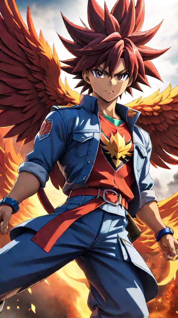  kai from beyblade with his phoenix dranzer, symbolizing burning passion and relentless pursuit of strength, anime art hyperrealistic, full body, detailed clothing, highly detailed, cinematic lighting, stunningly beautiful, intricate, sharp focus, f/1. 8, 85mm, (centered image composition), (professionally color graded), ((bright soft diffused light)), volumetric fog, trending on instagram, trending on tumblr, HDR 4K, 8K