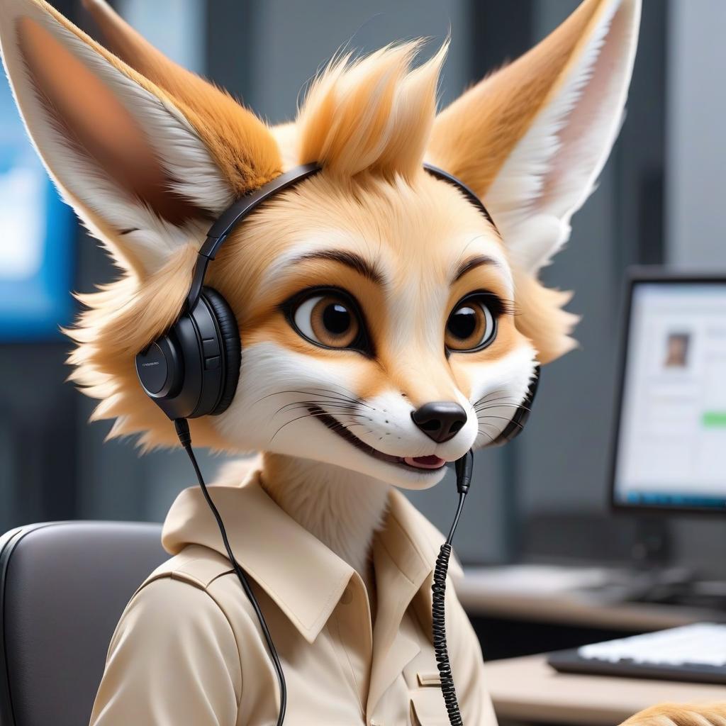  breathtaking fennec operator of quality control of conversations, work in headphones, close up head, smiles . award winning, professional, highly detailed