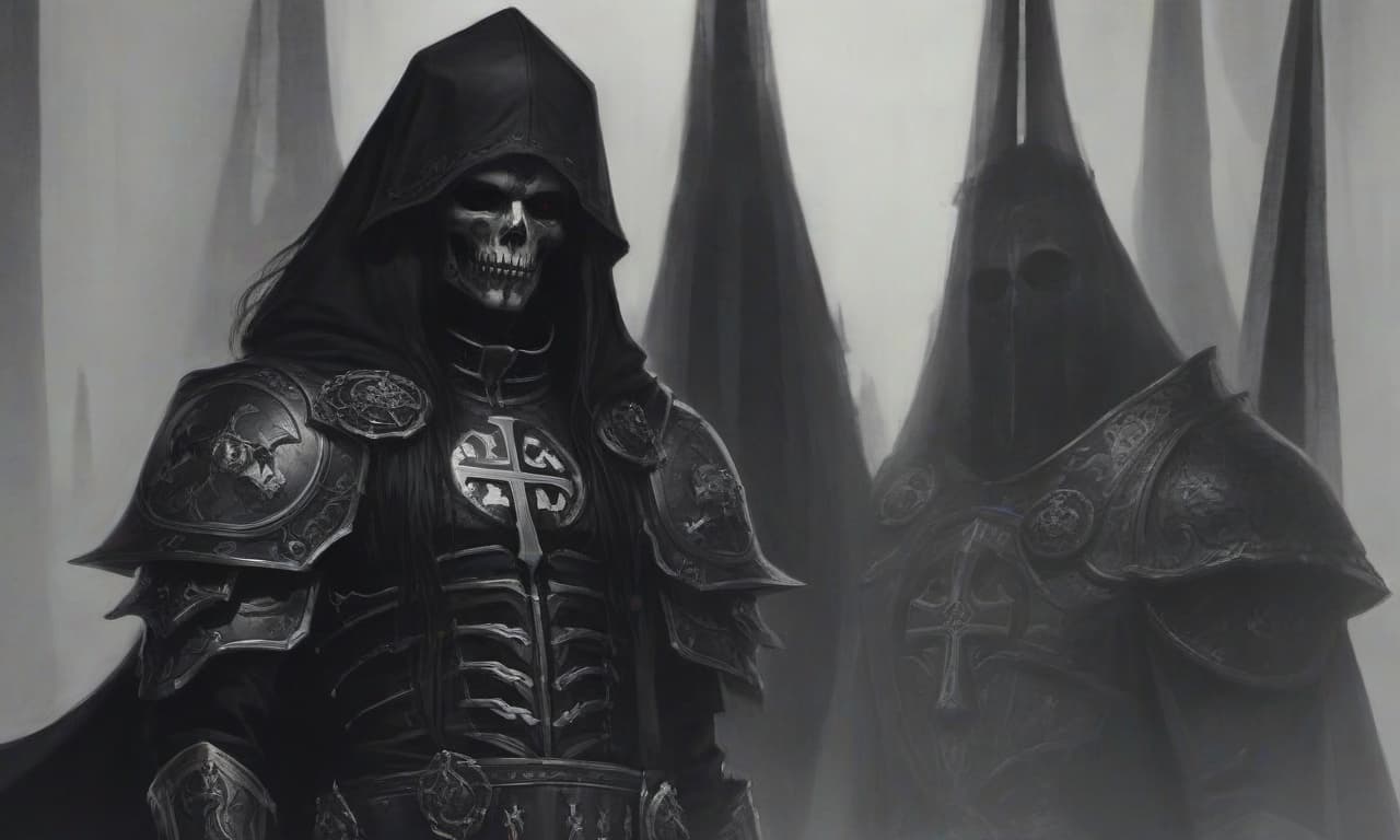  horror themed draw in black white style. the legion of the sons of night, an elite unit of knights, in a black dark universe of horrors, in iron armor with black cloaks, on their shoulder pads on the left is an engraving of an iron lion, and on the right is a white iron cross, on the front of the helmet is an iron skull. they stand in a black temple where candles are lit. . eerie, unsettling, dark, spooky, suspenseful, grim, highly detailed