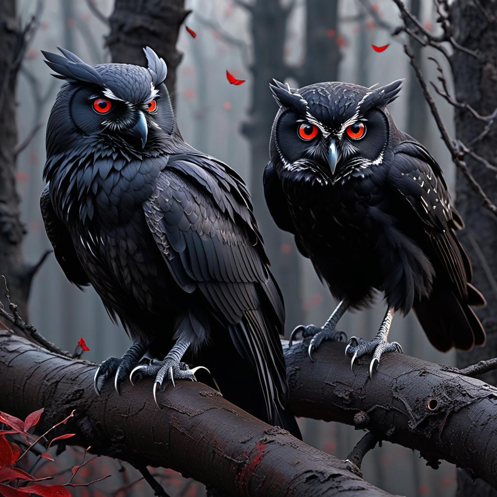  a crow with blood red eyes with a black screech owl together in a dark fantasy landscape photo realistic, highly intricate and detailed, masterpiece, ultra high res,photography,8k resolution