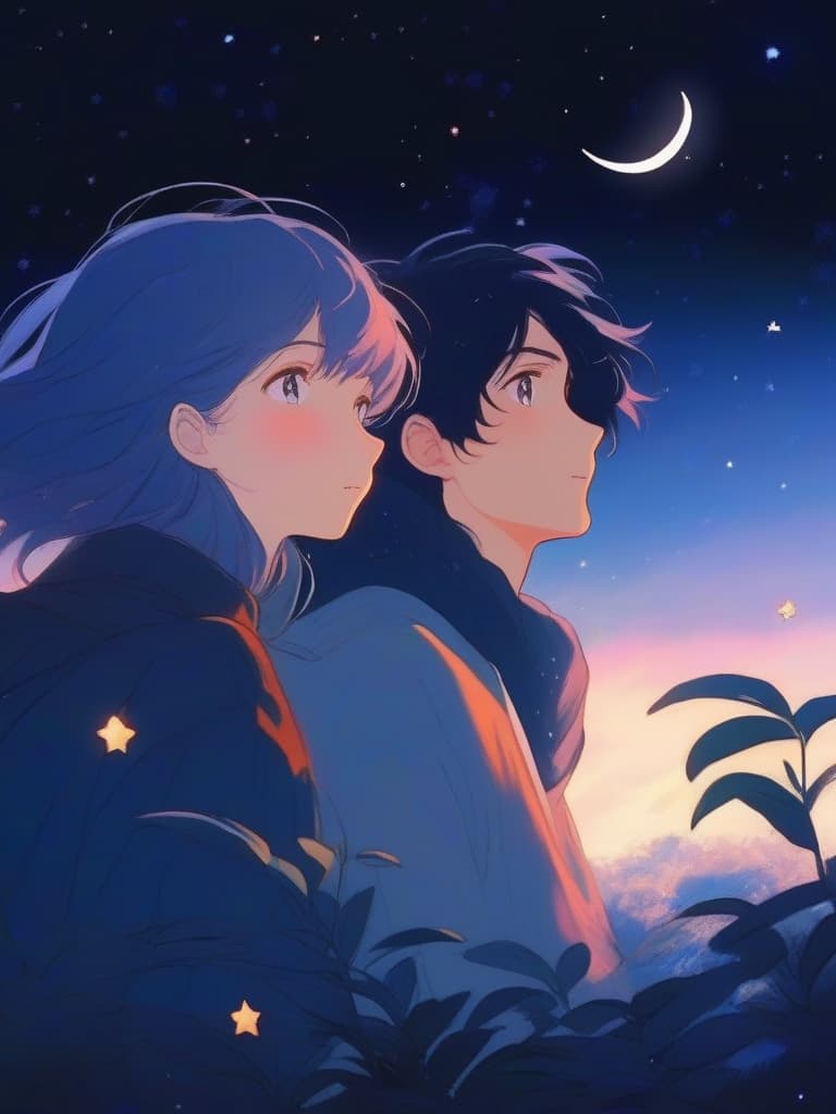  gentle illustration style,masterpiece {male and female couple:1.2}{{beautiful man and woman}}{gazing at the night sky:1.2}{sad expression}{crescent moon and starry sky}{foliage scattered at night}{high quality,16k,super analysis,absurd{{close up of the upper body}}