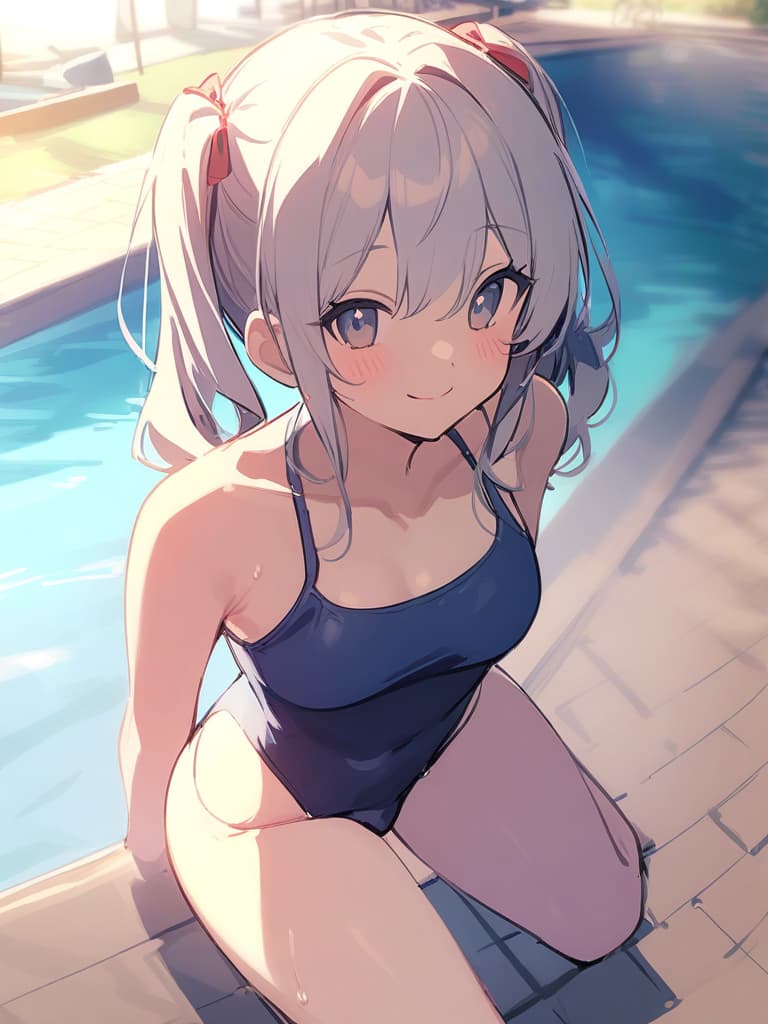  women's elementary students, twin tails, rich smiles, cute smiles, navy blue swimwear, old swimwear, swimwear, simple, male, shaped clear , shaped clear, clear stem, shaped crisp, male bulge,, front. the whole body, pool side,