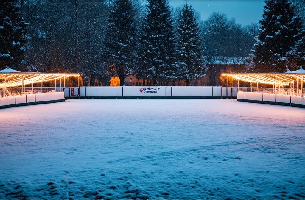  professional detailed photography, ice rink in the park decorated for christmas with luminous garlands, it's snowing ar 3:2, (muted colors, dim colors, soothing tones), (vsco:0.3)