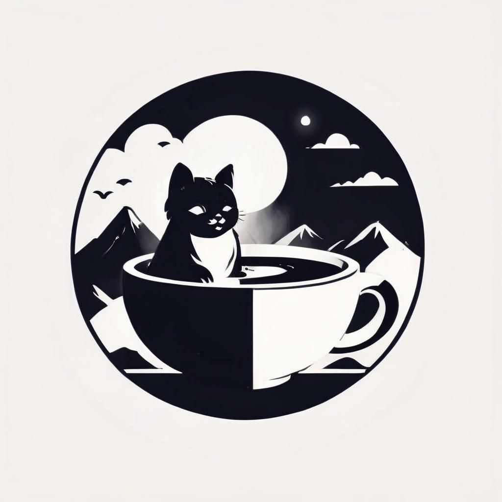  silhouette style draw a logo for a chinese teahouse using an image of a tea bowl depicting a cat, sea, mountains . high contrast, minimalistic, black and white, stark, dramatic, logo