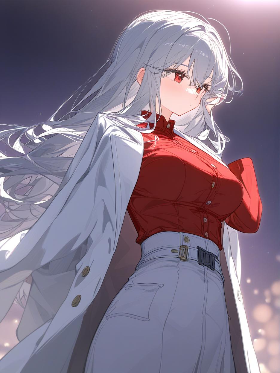  a strong woman, silver long hair, covering her face. she has deep, beautiful red eyes that are very prominent, white eyelashes that are very prominent in the eyes. she wears dark dress pants. a red shirt with buttons on the front seam, two thin belts under the bust. a light gray lab coat on the shoulders. a very strong and slender body, his strong abdomen shows in the red shirt. the background is a futuristic area where people practice combat in the background. she has a cup of coffee in her hands. well highlighted eyes with white eyelashes details, 8k. . best quality, high resolution