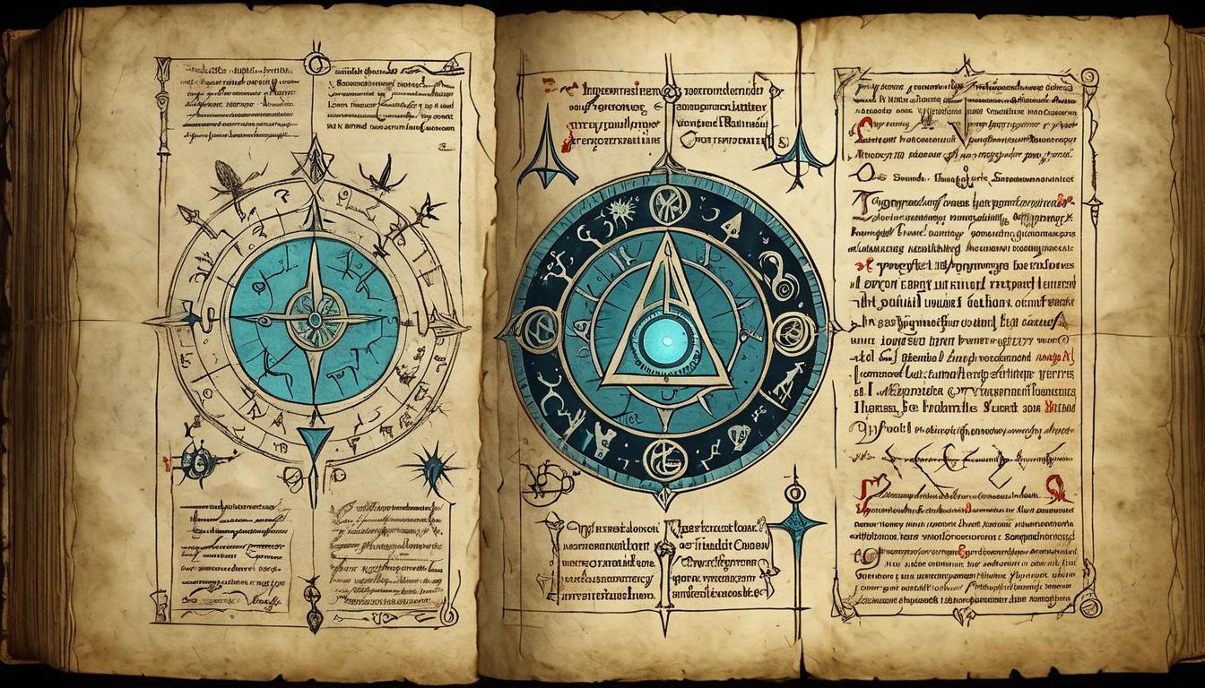  on parchment, surrealism+++, glowing symbols and runes in an ancient book, powerful insights, knowledge, mystic energy, arcane and potent(mysterious, provocative, symbolic,muted color)+++