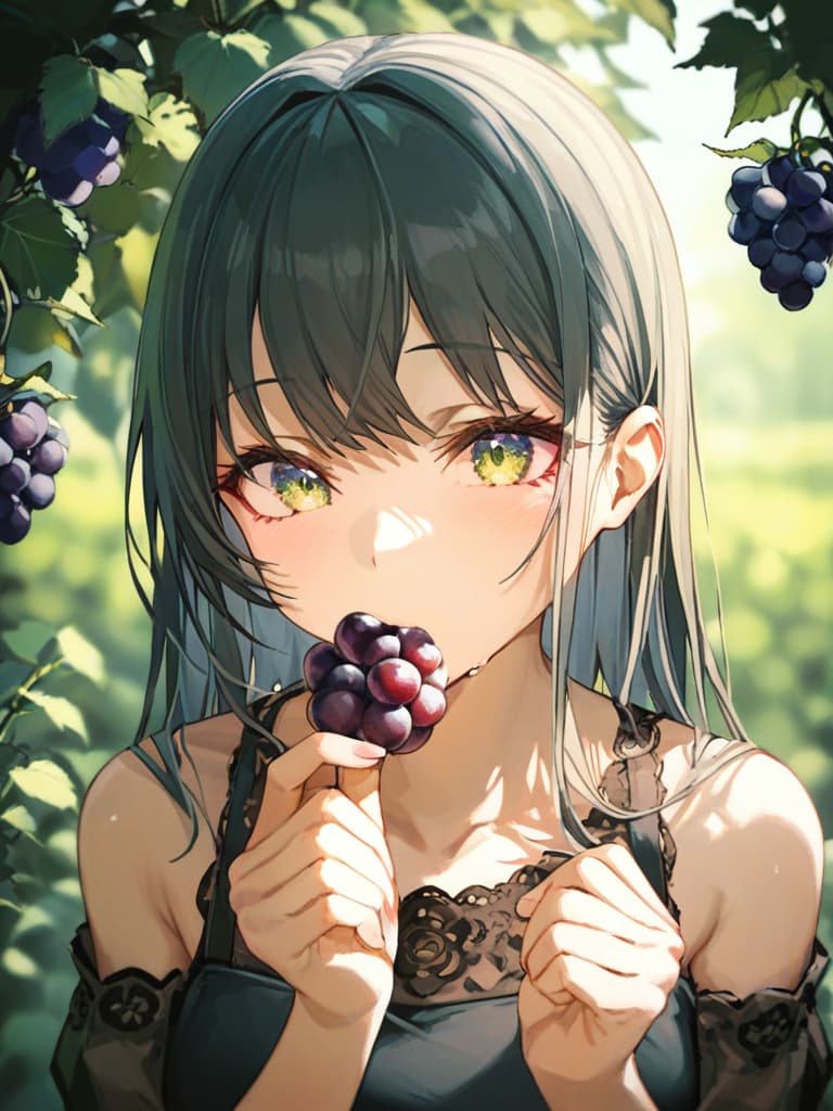  grape, girl eating grapes, masterpiece, best quality,8k,ultra detailed,high resolution,an extremely delicate and beautiful,hyper detail