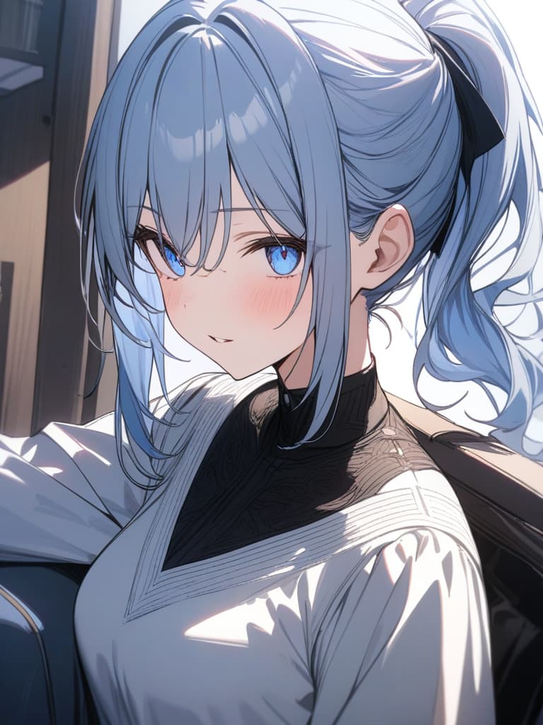  beautiful girl, light blue hair character, ponytail, moe sleeve, masterpiece, best quality,8k,ultra detailed,high resolution,an extremely delicate and beautiful,hyper detail