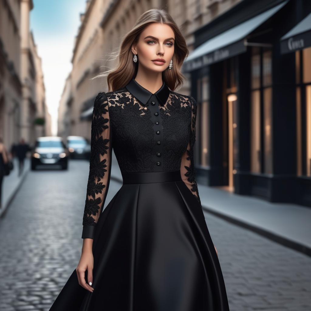  Girl in Dior style in a full length black dress high quality, detailed intricate insanely detailed, flattering light, RAW photo, photography, photorealistic, ultra detailed, depth of field, 8k resolution , detailed background, f1.4, sharpened focus