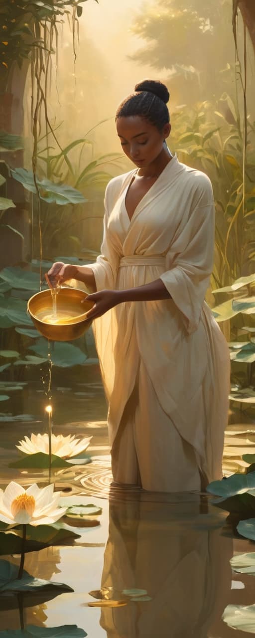  minimalism, a beautiful black woman with brown skin. she stands divinely in a lotus flower pond. she is pouring water from a golden clay pot into the pond. there is golden light casted on to her and the scene. the atmosphere is calm and serene, abstract, simple geometic shapes, hard edges, sleek contours, minimalism