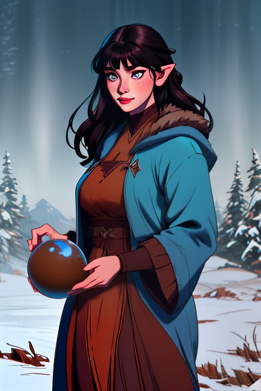  Cover of a fantasy book about a young witch with dark brown hair, a fringe, dark eyes, a hooked nose, and freckles on her cheeks. She has pointed ears. She's wearing a blue robe of a magician with a fur collar, and a hood. In her hands, she holds a staff of light with a round glass sphere at the top. There is a snowy landscape of Skyrim in the background. hyperrealistic, full body, detailed clothing, highly detailed, cinematic lighting, stunningly beautiful, intricate, sharp focus, f/1. 8, 85mm, (centered image composition), (professionally color graded), ((bright soft diffused light)), volumetric fog, trending on instagram, trending on tumblr, HDR 4K, 8K