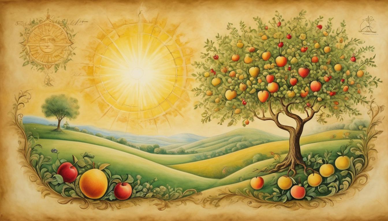  on parchment, surrealism++, blossoming tree under a radiant sun, fruit glowing with divine light, peaceful meadow, sense of fruition and divine timing(mysterious, provocative, symbolic)++