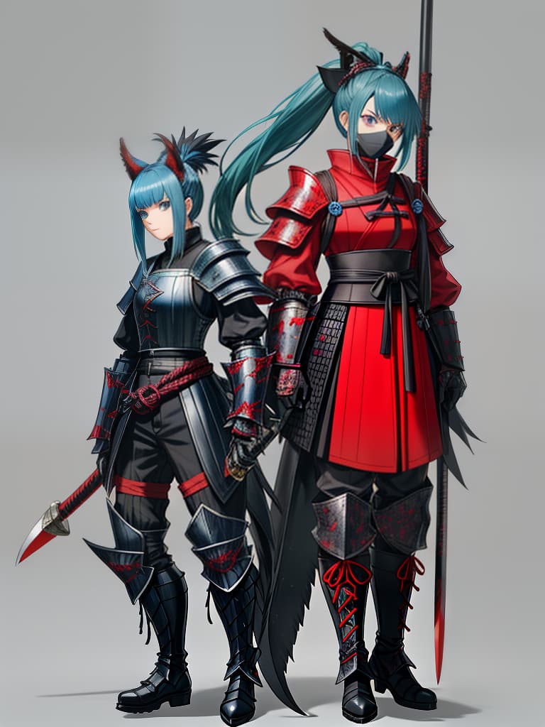  monster hunter odogaron (armor) black gloves body suit boots footwear fools gloves mask mask mask mask ponytail side locks tied hair blue hair blue eye green hair rip handed works holding weapon long weapon rope rope women one woman holding polearm samurai armor simple background gray background check copyright high resolution