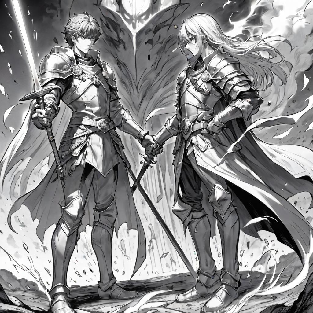  manga artwork fantasy, greyscale monochrome, manga materials, duel between knight and wizard, fullsize body view, legs. manga artist. manga, highly emotional. best quality, high resolution