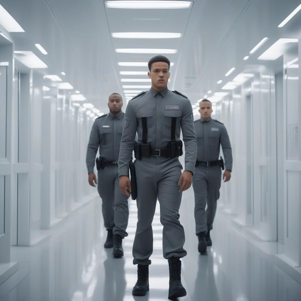  cinematic photo a toned young mulatto dressed in gray french, walks in a clear step along the white futuristic corridor, immediately behind him two officers of personal security in black uniforms, professional photo, 4k, high resolution, high detail, realistic, close up . 35mm photograph, film, bokeh, professional, 4k, highly detailed