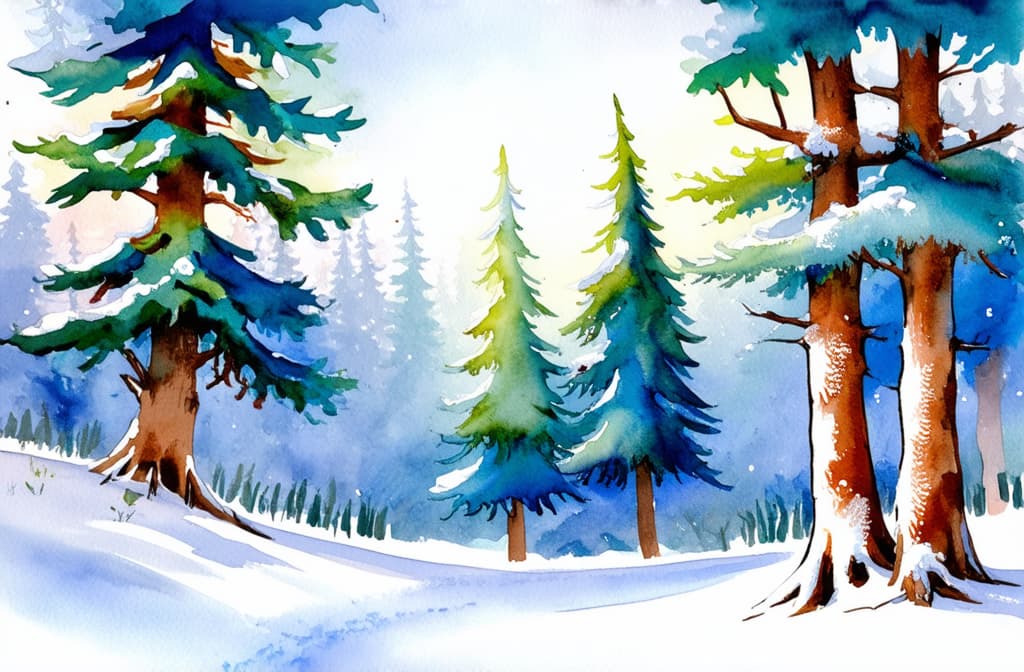  artwork snowy forest ar 3:2, watercolor techniques, featuring fluid colors, subtle gradients, transparency associated with watercolor art