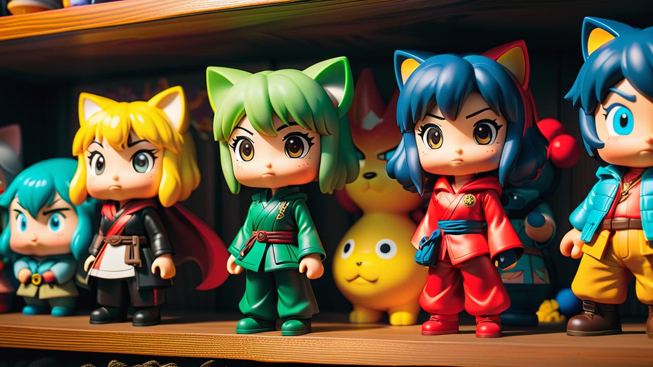  a vibrant display of colorful anime figurines arranged on a wooden shelf, with soft lighting highlighting their intricate details, alongside collectibles like posters and manga, creating an inviting atmosphere for potential buyers. hyperrealistic, full body, detailed clothing, highly detailed, cinematic lighting, stunningly beautiful, intricate, sharp focus, f/1. 8, 85mm, (centered image composition), (professionally color graded), ((bright soft diffused light)), volumetric fog, trending on instagram, trending on tumblr, HDR 4K, 8K