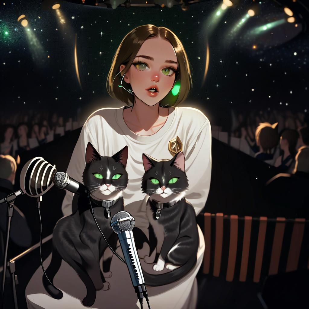  girl with dark green eyes, two cats, space, spotlights, view from the stage, microphone, music, royal grace