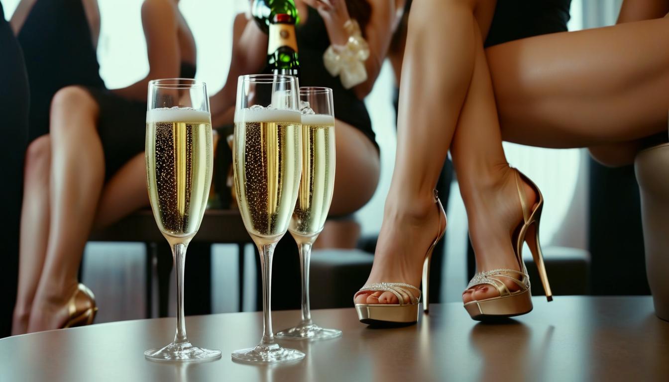  cinematic photo three naked women in high heeled shoes drink champagne . 35mm photograph, film, bokeh, professional, 4k, highly detailed, perfect hands