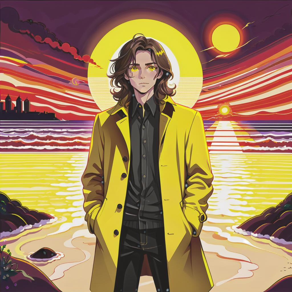  psychedelic style a young man stands on the beach with long dark brown hair that gently falls on his shoulders, and his face, with jewish and slavic features, radiates calm with brown eyes. he is dressed in a bright yellow coat that immediately attracts attention and contrasts with the surrounding landscape. under the coat is a black shirt, and black pants are additionally decorated with yellow elements, creating a harmonious and stylish image. the sun sets over the horizon, bright red stripes of the sun’s rays fall on the surroundings contrasting with the darkness around a very close night and creating a magical atmosphere of contrasts. . vibrant colors, swirling patterns, abstract forms, surreal, trippy