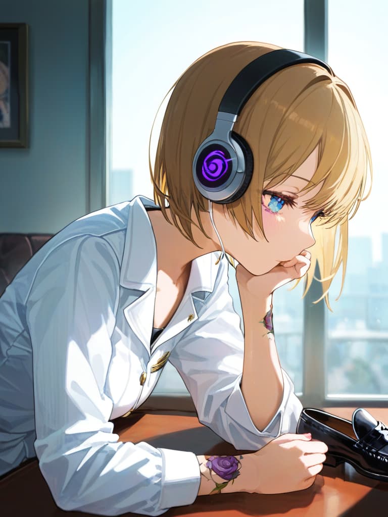  s wearing headphones, black loafers, s with blue eyes, s with blonde bob cut, white pleated , white sailor suit, spider nest tattoo on the left arm, bob cut, left , left a with a purple rose tattoo, smokes cigarettes, masterpiece, best quality,8k,ultra detailed,high resolution,an extremely delicate and beautiful,hyper detail