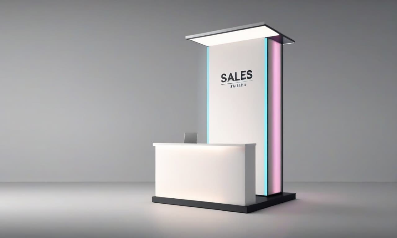  3d rendered sales point stand in a minimalistic, contemporary style. the stand features a sleek, glossy surface with smooth edges and a modern, clean look. it's set against a plain background with soft, diffused studio lighting that highlights the texture and material. high resolution, professional, realistic rendering.