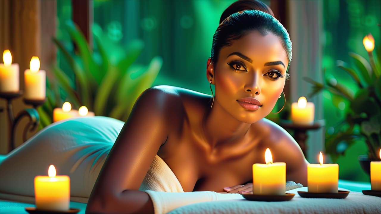  a serene luxury spa setting, featuring elegant skincare products, a glowing model with radiant skin, soft candlelight, and lush greenery. the atmosphere exudes tranquility and sophistication, embodying high end dermatological care. hyperrealistic, full body, detailed clothing, highly detailed, cinematic lighting, stunningly beautiful, intricate, sharp focus, f/1. 8, 85mm, (centered image composition), (professionally color graded), ((bright soft diffused light)), volumetric fog, trending on instagram, trending on tumblr, HDR 4K, 8K